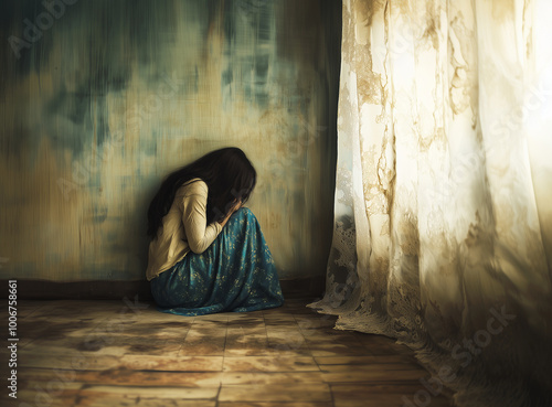 Girl struggling with anxiety after domestic abuse in grungy sunlit room with curtains