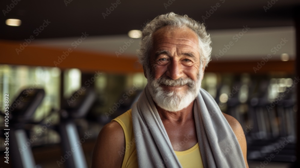 a brazilian happy mixed race old man inside of gym with a towel on his shoulder a brazilian happy mixed race old man inside of gym with a towel on his shoulder