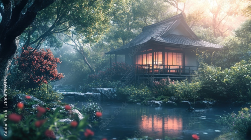 Fototapeta premium Tranquil Japanese Garden with a Misty Morning