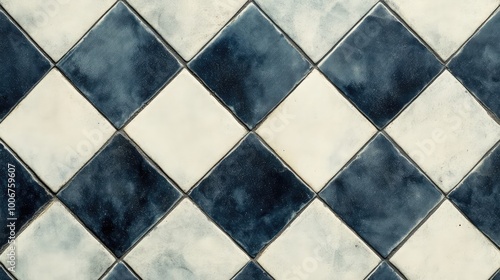 Diamond-shaped tiles in navy and white, arranged in a repeating geometric pattern that creates a sense of depth and motion.