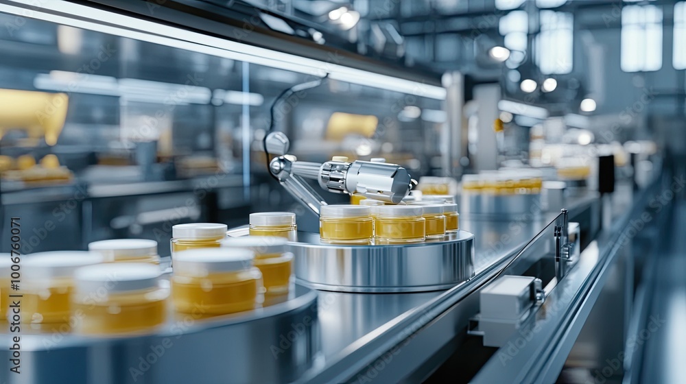 Automated machines working on a face cream production line in a modern factory, with jars moving efficiently on a conveyor belt. Automated machines working on a face cream production line in a modern factory, with jars moving efficiently on a conveyor belt.