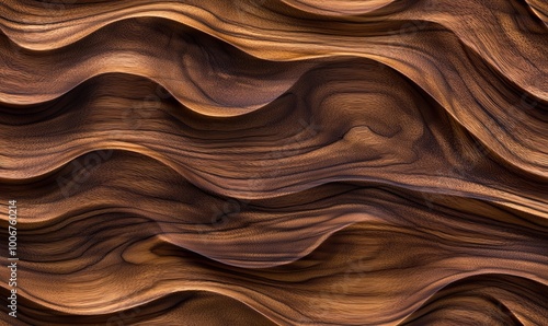 Abstract wavy pattern of dark brown wood grain texture.