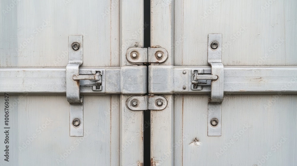 Close-up of a shipping container door with metal locks and hinges, with room for logos or creative design. Close-up of a shipping container door with metal locks and hinges, with room for logos or creative design.