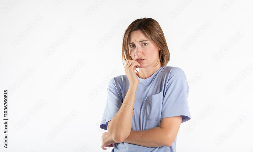 Close-up portrait of young scared woman isolated on white background Close-up portrait of young scared woman isolated on white background