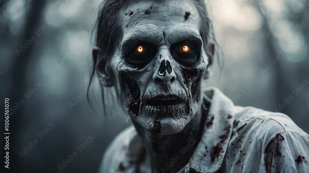 abstract eerie glowing white closeup of a Halloween zombie on misty background, bokeh background abstract eerie glowing white closeup of a Halloween zombie on misty background, bokeh background