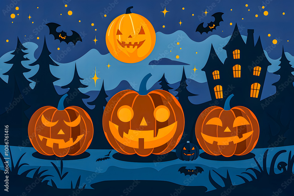 Illustration featuring Jack o' Lantern and castle silhouette at night, perfect for Halloween greetings or special Halloween sales promotions Illustration featuring Jack o' Lantern and castle silhouette at night, perfect for Halloween greetings or special Halloween sales promotions