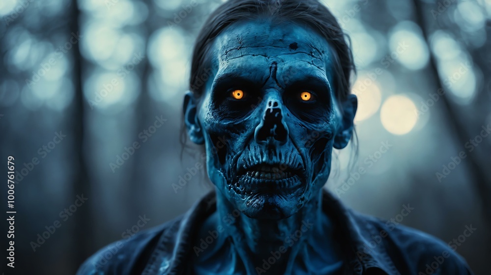 abstract eerie glowing blue closeup of a Halloween zombie on misty background, bokeh background abstract eerie glowing blue closeup of a Halloween zombie on misty background, bokeh background