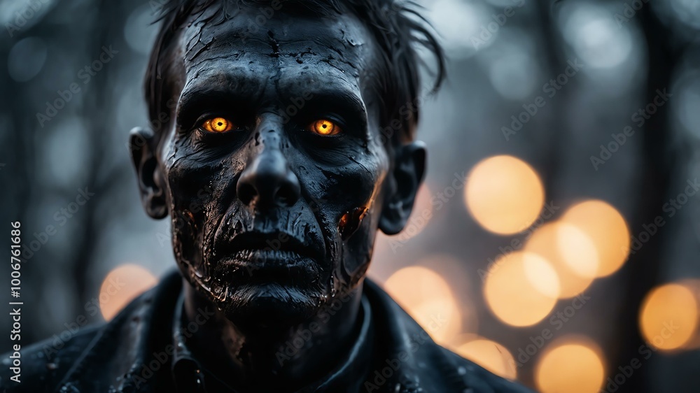 abstract eerie glowing black closeup of a Halloween zombie on misty background, bokeh background abstract eerie glowing black closeup of a Halloween zombie on misty background, bokeh background