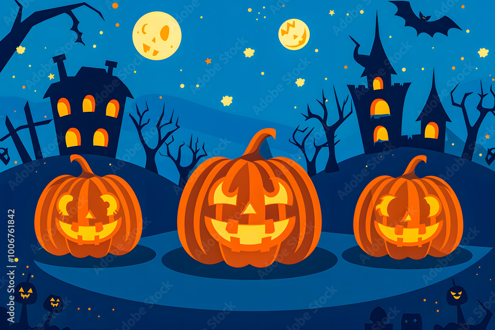 Illustration featuring Jack o' Lantern and castle silhouette at night, perfect for Halloween greetings or special Halloween sales promotions Illustration featuring Jack o' Lantern and castle silhouette at night, perfect for Halloween greetings or special Halloween sales promotions