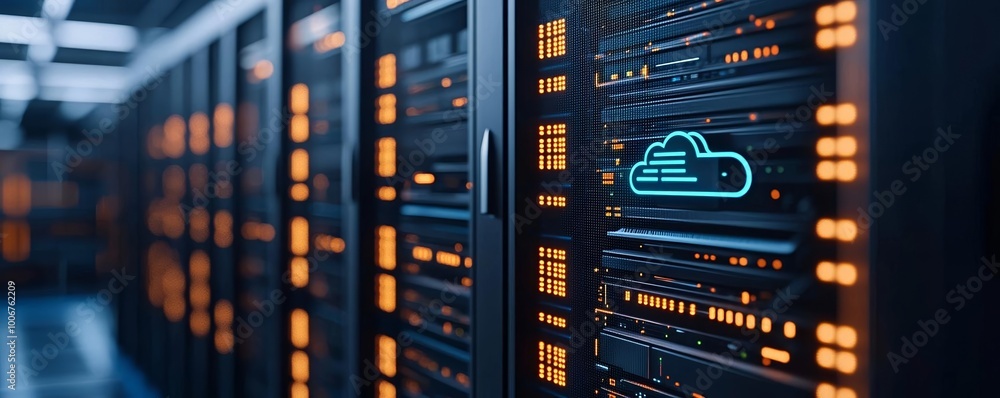 High-tech server room with neon lights and cloud computing graphics, representing the future of digital infrastructure High-tech server room with neon lights and cloud computing graphics, representing the future of digital infrastructure