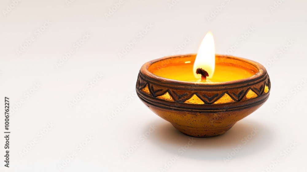 Close-up of a diya lamp with a flickering flame isolated on a clean white background leaving ample space for text around the object