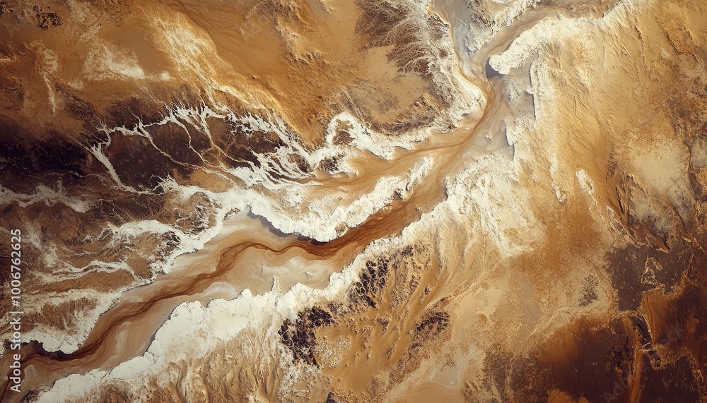 An aerial view of a dried up riverbed in a desert landscape. The riverbed is white and the surrounding land is brown and cracked. An aerial view of a dried up riverbed in a desert landscape. The riverbed is white and the surrounding land is brown and cracked.