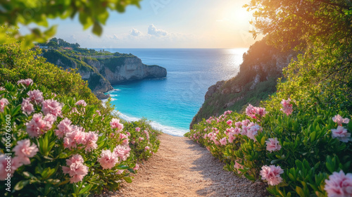 Bright pink flowers line the path that descends towards a serene beach, with the sun setting over a calm ocean in the background