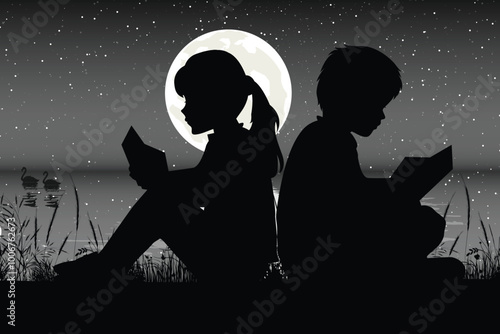 Cute Child and Moon Silhouette
