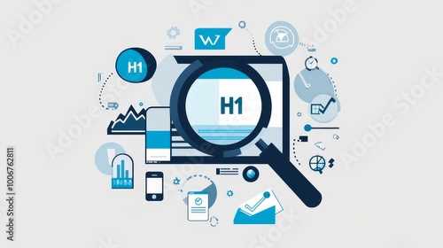 Illustration of SEO elements like magnifying glass, H1 tag, and digital icons, highlighting the importance of web optimization and visibility.