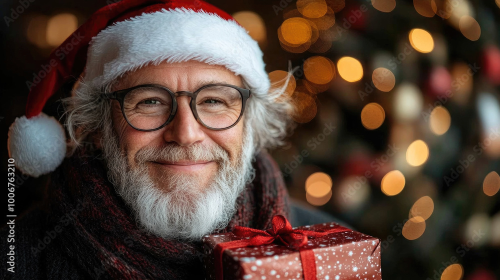A joyful older man in festive attire smiles warmly while holding a gift, with a beautifully decorated Christmas tree glowing in the background A joyful older man in festive attire smiles warmly while holding a gift, with a beautifully decorated Christmas tree glowing in the background