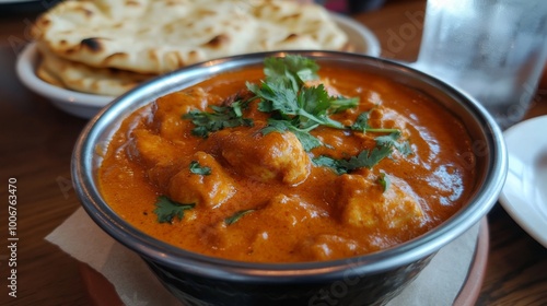 A vibrant bowl of chicken tikka masala, showcasing tender chicken pieces coated in a rich, creamy tomato sauce, garnished with fresh cilantro and served with naan bread on the side.