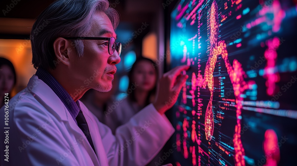 Obraz premium A scientist analyzing complex data patterns on a large screen in a modern research lab during an evening study session in a high-tech environment