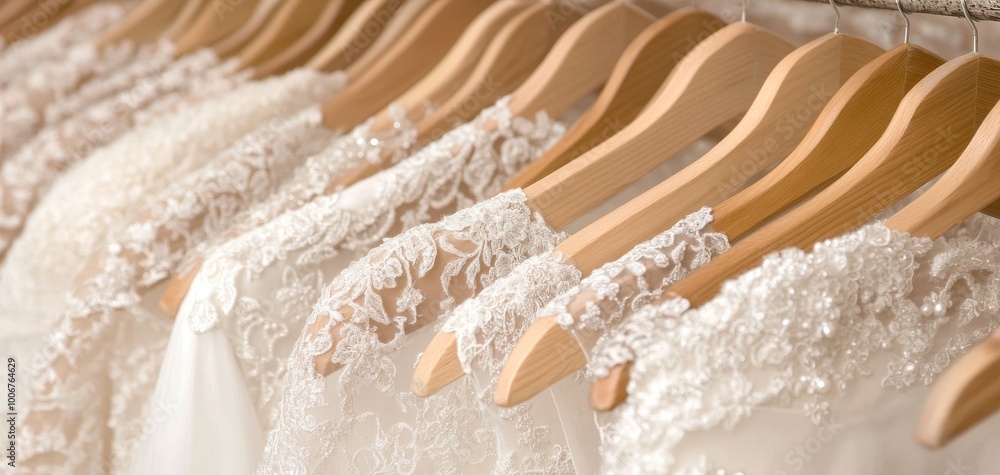A collection of elegant wedding dresses neatly hung on wooden hangers, showcasing intricate lace details and soft fabrics, perfect for bridal fashion. A collection of elegant wedding dresses neatly hung on wooden hangers, showcasing intricate lace details and soft fabrics, perfect for bridal fashion.