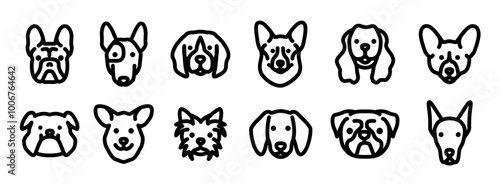 Vector Line Icons of Popular Dog Breeds: French Bulldog, Bull Terrier, Beagle, German Shepherd, Cavalier King Charles Spaniel, Welsh Corgi Pembroke, Boston Terrier, Yorkshire, Dachshund, Pug, Doberman