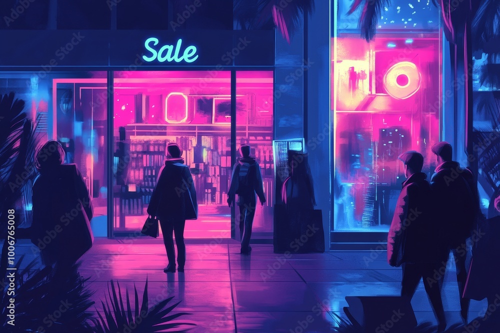 A neon-lit storefront with sale signs and vibrant colors, representing modern urban shopping culture and nightlife vibrancy. A neon-lit storefront with sale signs and vibrant colors, representing modern urban shopping culture and nightlife vibrancy.