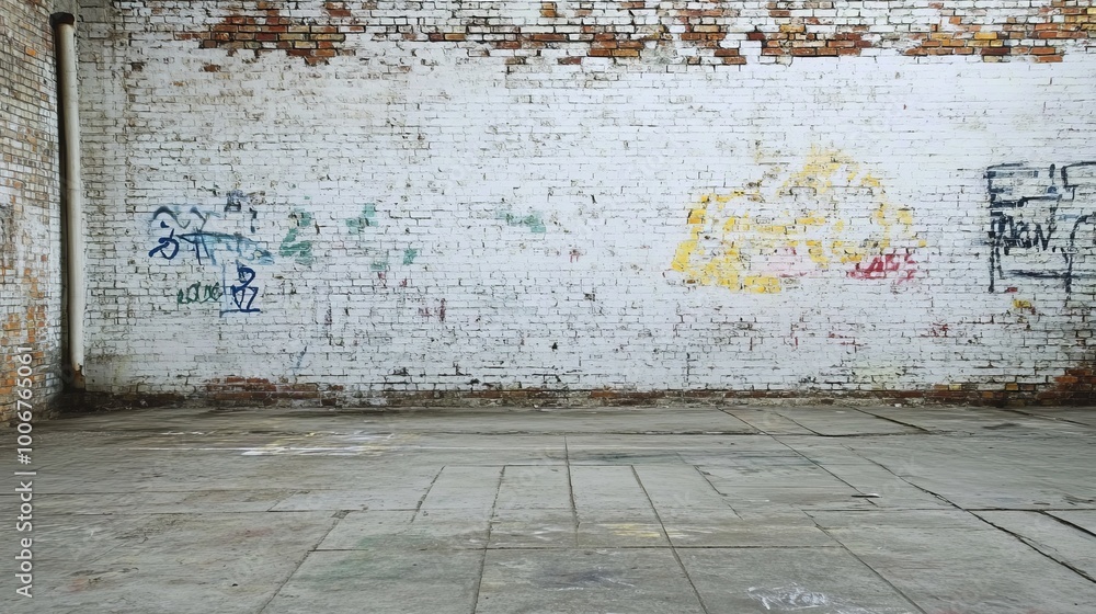 Naklejka premium A rustic brick wall features faded graffiti art, symbolizing urban decay and street art in an empty warehouse setting.