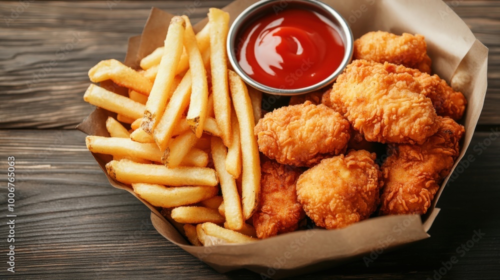 Naklejka premium Fried chicken with french fries and nuggets meal