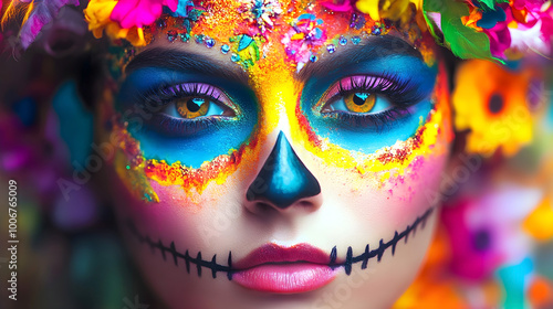 Close-up of a woman's face painted with vibrant sugar skull makeup, adorned with colorful flowers, celebrating Dia de los Muertos