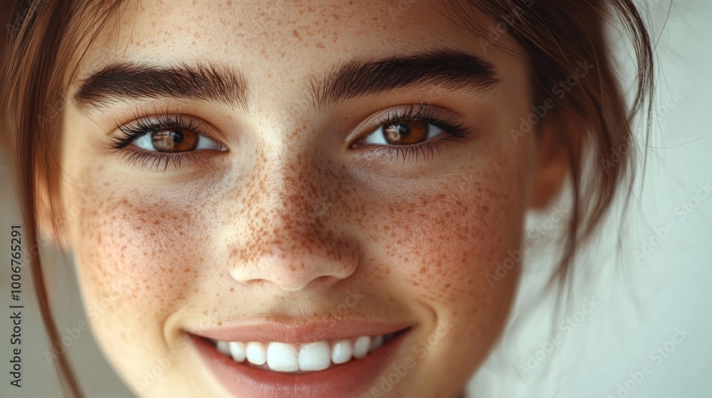 A young woman with freckles and a bright smile poses gently against a neutral background, capturing a moment of joy and warmth during a morning light A young woman with freckles and a bright smile poses gently against a neutral background, capturing a moment of joy and warmth during a morning light