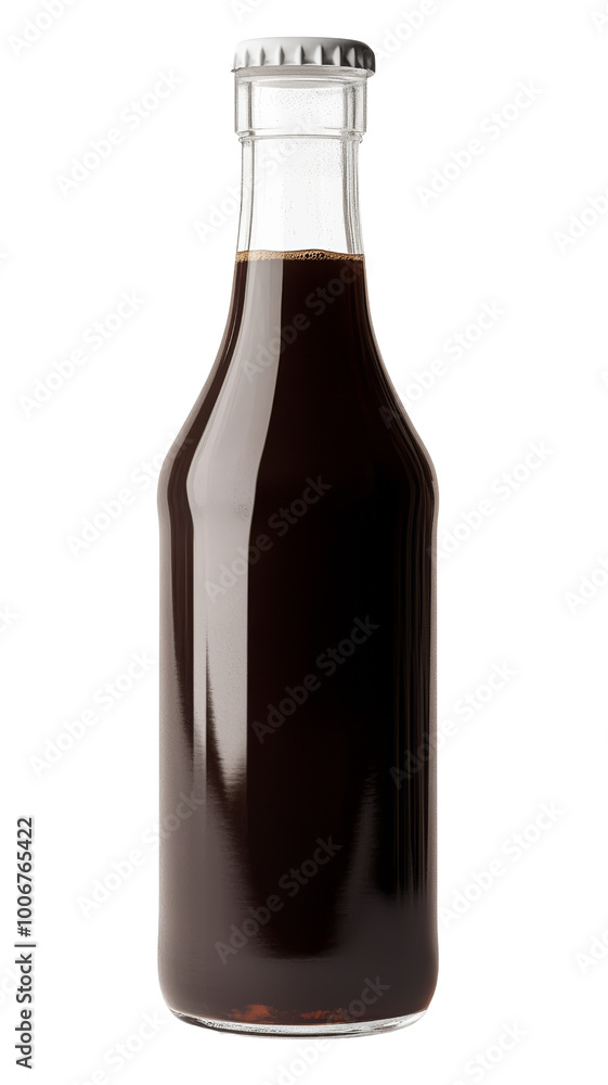 Glass bottle filled with dark liquid, isolated on white background. Ideal for beverages, sauces, or dressings packaging design. Glass bottle filled with dark liquid, isolated on white background. Ideal for beverages, sauces, or dressings packaging design.