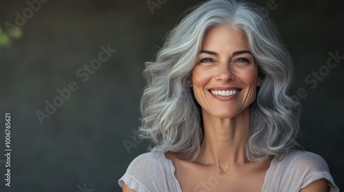 A joyful woman with flowing gray hair smiles brightly in soft natural lighting, showcasing her vibrant personality against a serene background