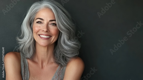 A joyful woman with flowing gray hair smiles brightly in soft natural lighting, showcasing her vibrant personality against a serene background