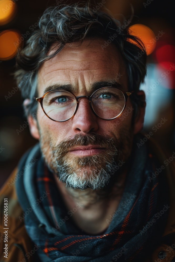 A thoughtful man with glasses and a beard stands against a softly lit background, exuding confidence and warmth on a cozy morning in an urban café A thoughtful man with glasses and a beard stands against a softly lit background, exuding confidence and warmth on a cozy morning in an urban café