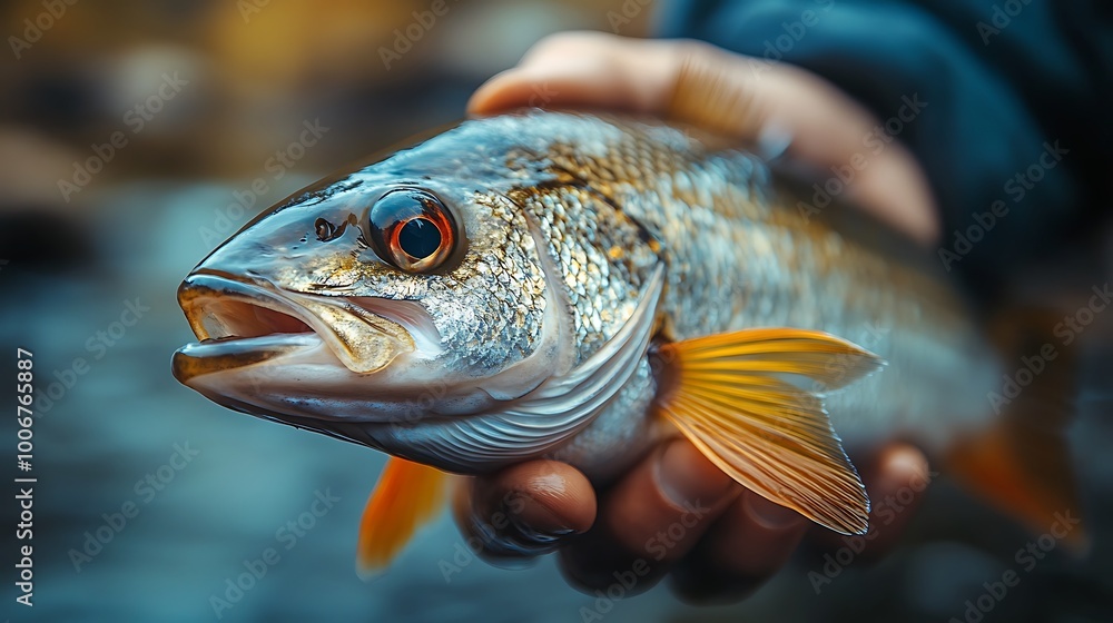 Fototapeta premium A fisherman holds a freshly caught fish with a blurred background of a river.
