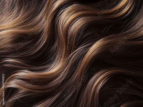 Close up of wavy brown hair with highlights, forming abstract patterns.