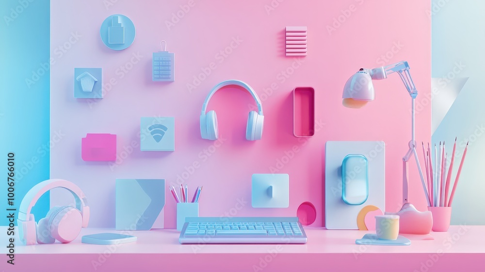 Vibrant Customer Support Icons Arrangement in Abstract Pastel Setting Vibrant Customer Support Icons Arrangement in Abstract Pastel Setting