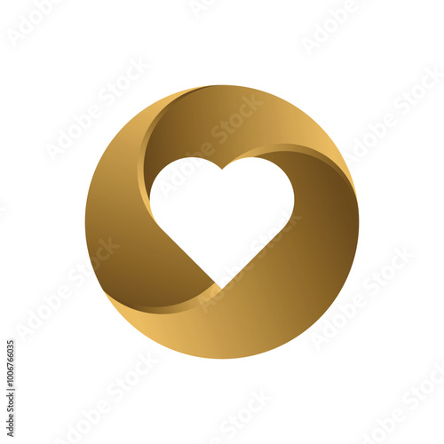 White heart shape in gold twisted circle shape. Abstract graphic design vector illustration.