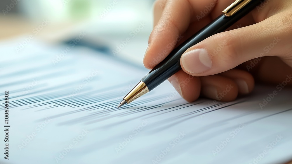 Hand holding a pen over a business plan document, strategic decision-making process. Hand holding a pen over a business plan document, strategic decision-making process.