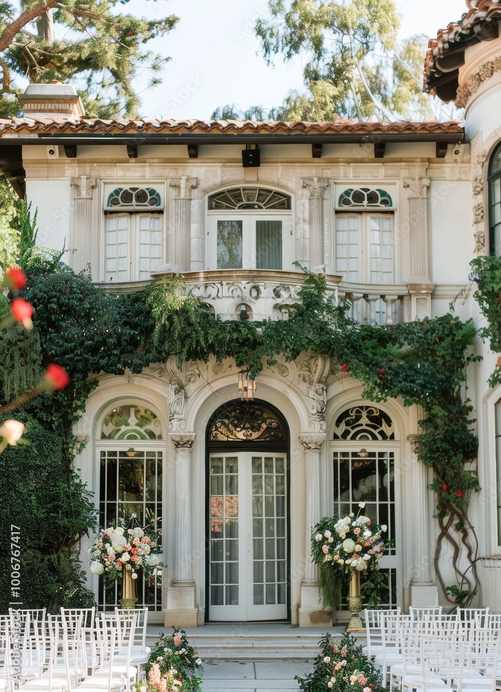 Capture the grandeur of an outdoor wedding ceremony decor with white chairs, floral arrangements and arched doorways on either side of large windows Capture the grandeur of an outdoor wedding ceremony decor with white chairs, floral arrangements and arched doorways on either side of large windows