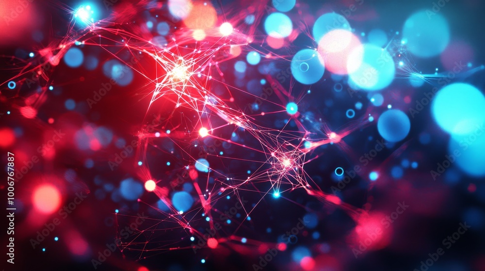 Obraz premium A vibrant and dynamic digital illustration of interconnected light nodes, glowing in red and blue hues