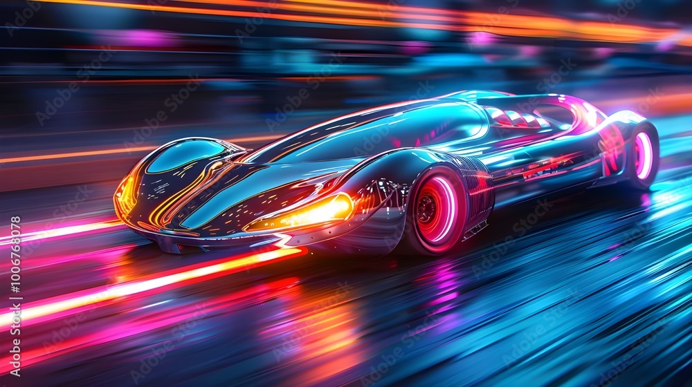 Futuristic Hover Car with Neon Lights in a Night Cityscape - High Detail Flying Car Design and Long Exposure Photography for Desktop Wallpaper Futuristic Hover Car with Neon Lights in a Night Cityscape - High Detail Flying Car Design and Long Exposure Photography for Desktop Wallpaper