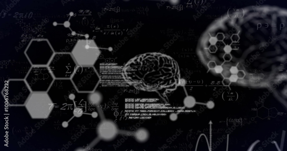Obraz premium Image of brain, molecules and data processing with mathematical equations on black background