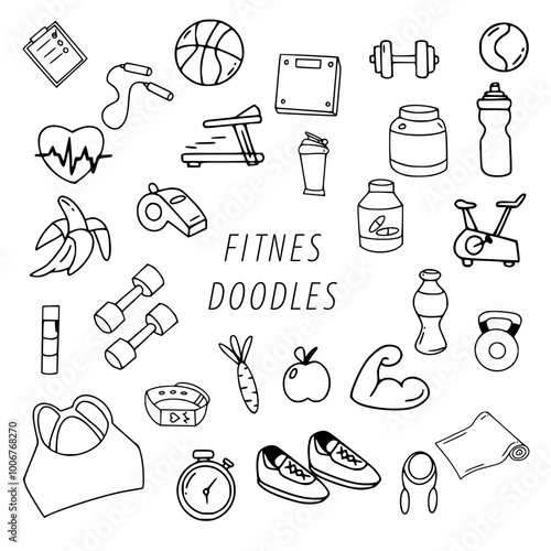 hand drawn set of gym fitness doodles vector illustration isolated in white color