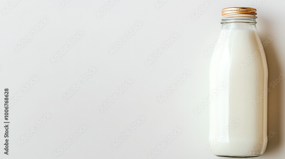 A bottle of organic milk with a minimalist label, placed on a white background to focus on its fresh, natural quality. A bottle of organic milk with a minimalist label, placed on a white background to focus on its fresh, natural quality.