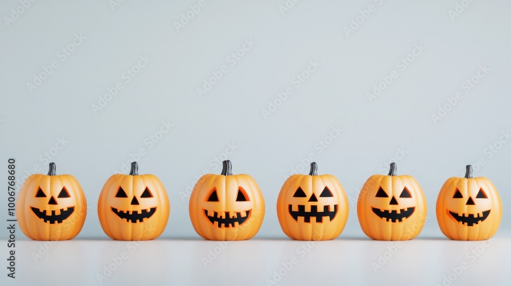 A festive arrangement of six jack-o'-lanterns, each with a smiling and friendly expression, placed on a light background. These pumpkins add a fun and spooky vibe to Halloween decor... A festive arrangement of six jack-o'-lanterns, each with a smiling and friendly expression, placed on a light background. These pumpkins add a fun and spooky vibe to Halloween decor...