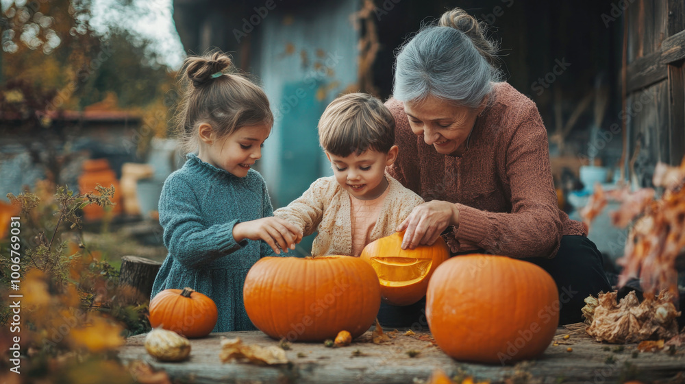 Fototapeta premium A grandmother carving pumpkins with two young children in a garden setting, creating a warm, cozy, and joyful Halloween atmosphere. The autumn leaves add to the seasonal charm..