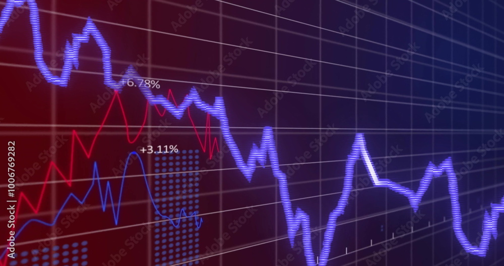 Image of financial data processing on grid over dark background Image of financial data processing on grid over dark background