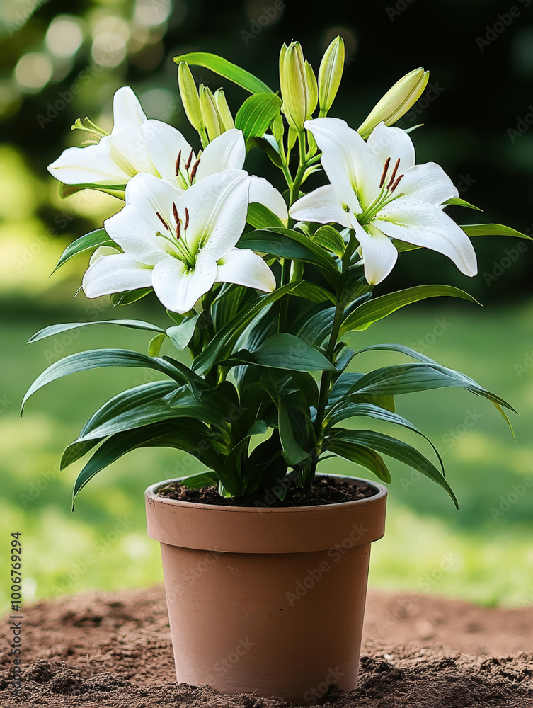 A potted white lily in full bloom, the flowers with long green leaves and thick stems, set against an outdoor background of dirt or grass. A potted white lily in full bloom, the flowers with long green leaves and thick stems, set against an outdoor background of dirt or grass.