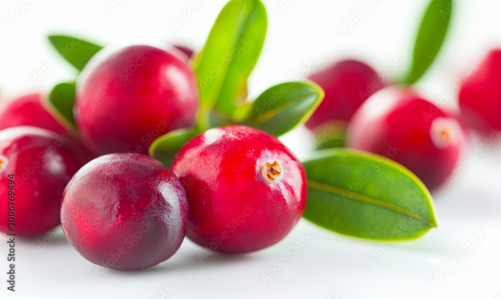 Close-up of fresh cranberries with green leaves on a white background. Close-up of fresh cranberries with green leaves on a white background.