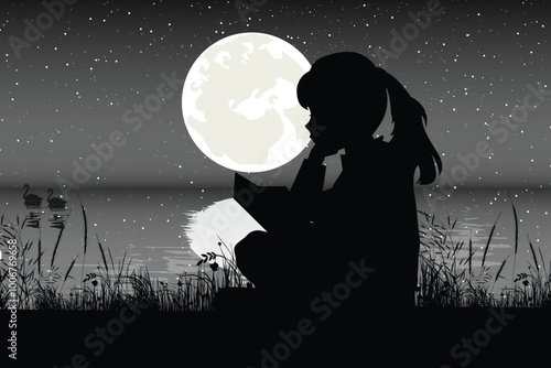 Cute Child and Moon Silhouette
